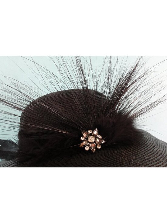 Vintage Black Church Hat w/ Feathers & Rhinestone Brooch Kentucky Derby goth